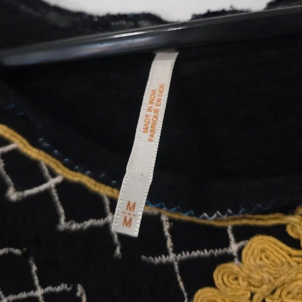 Free People Begonia Embroidered Top Black Long Sleeve Medium